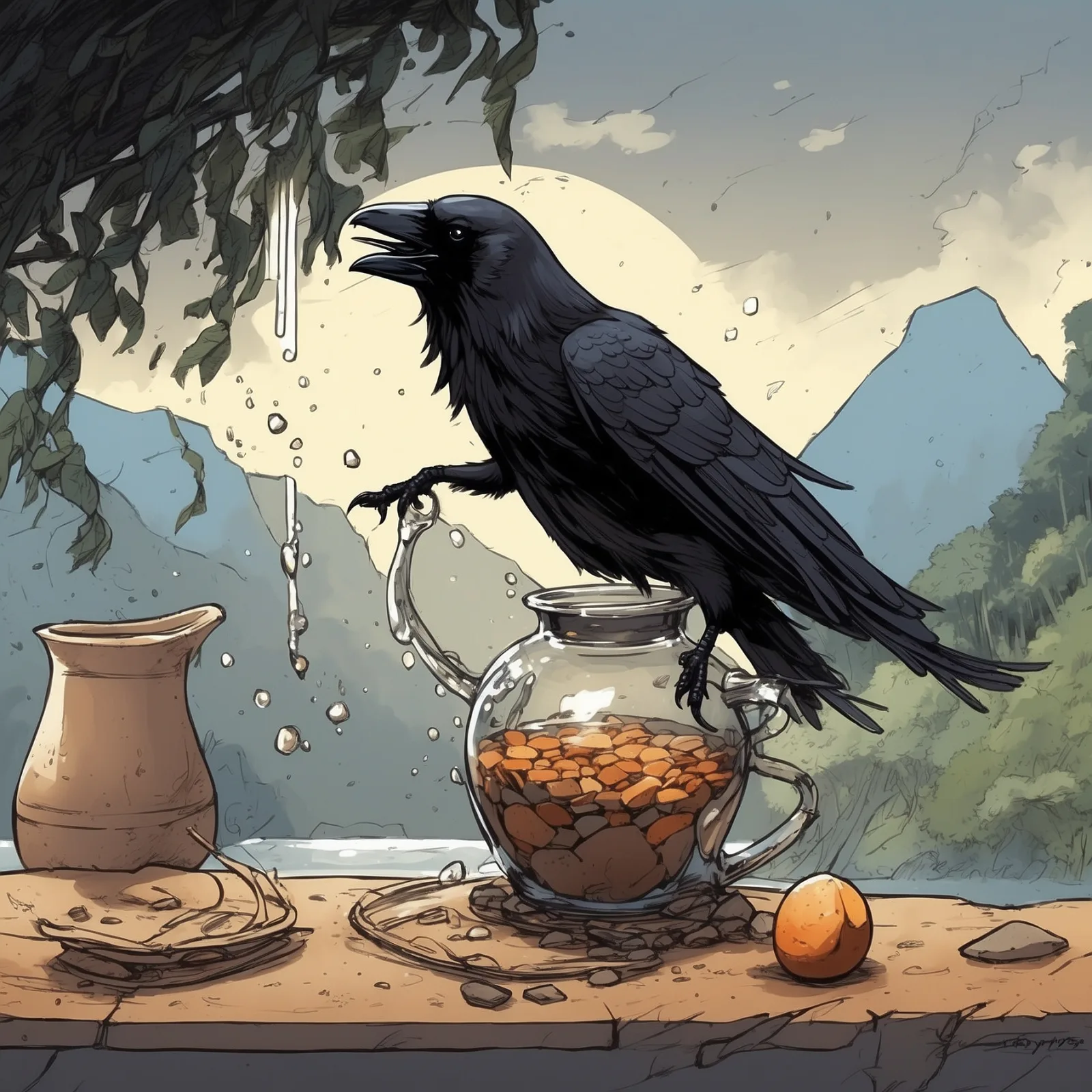 Illustration from the story The Crow and the Pitcher