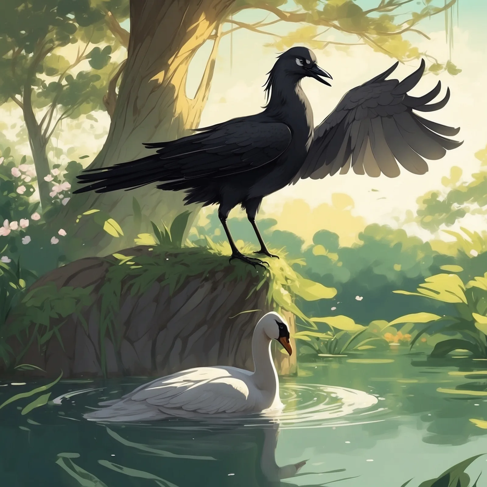 Illustration from the story The Crow and the Swan