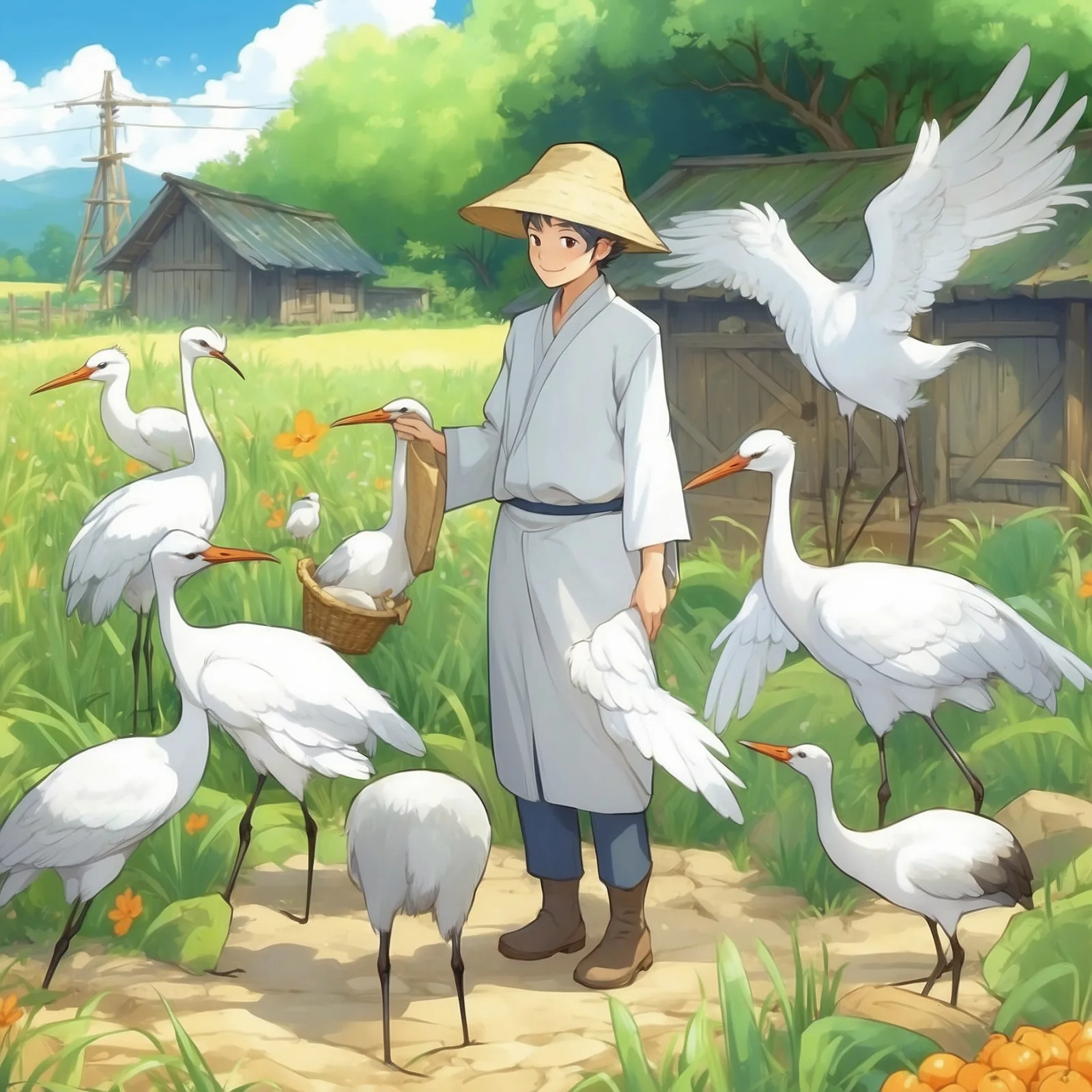 Illustration from the story The Farmer and the Cranes