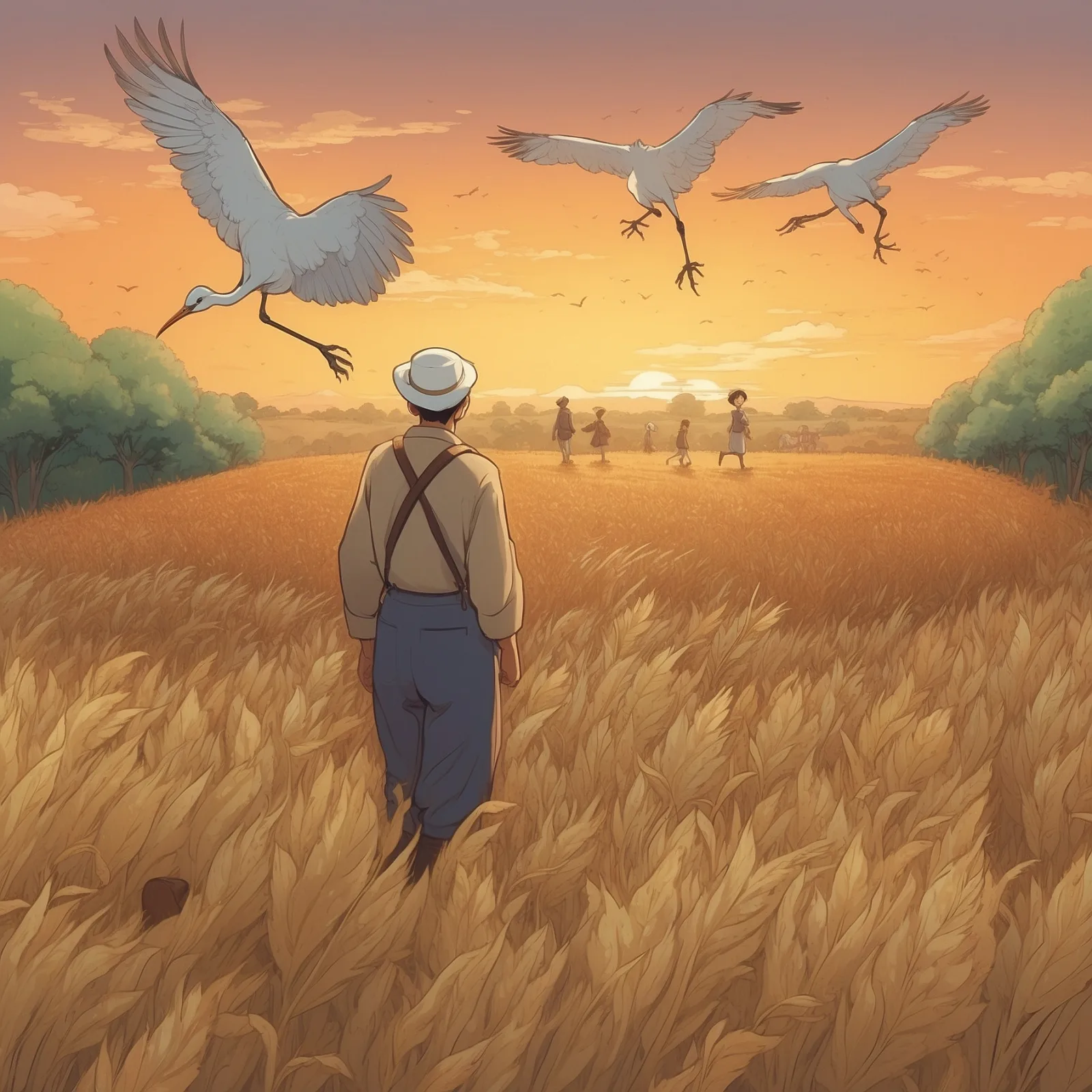 Illustration from the story The Farmer and the Cranes