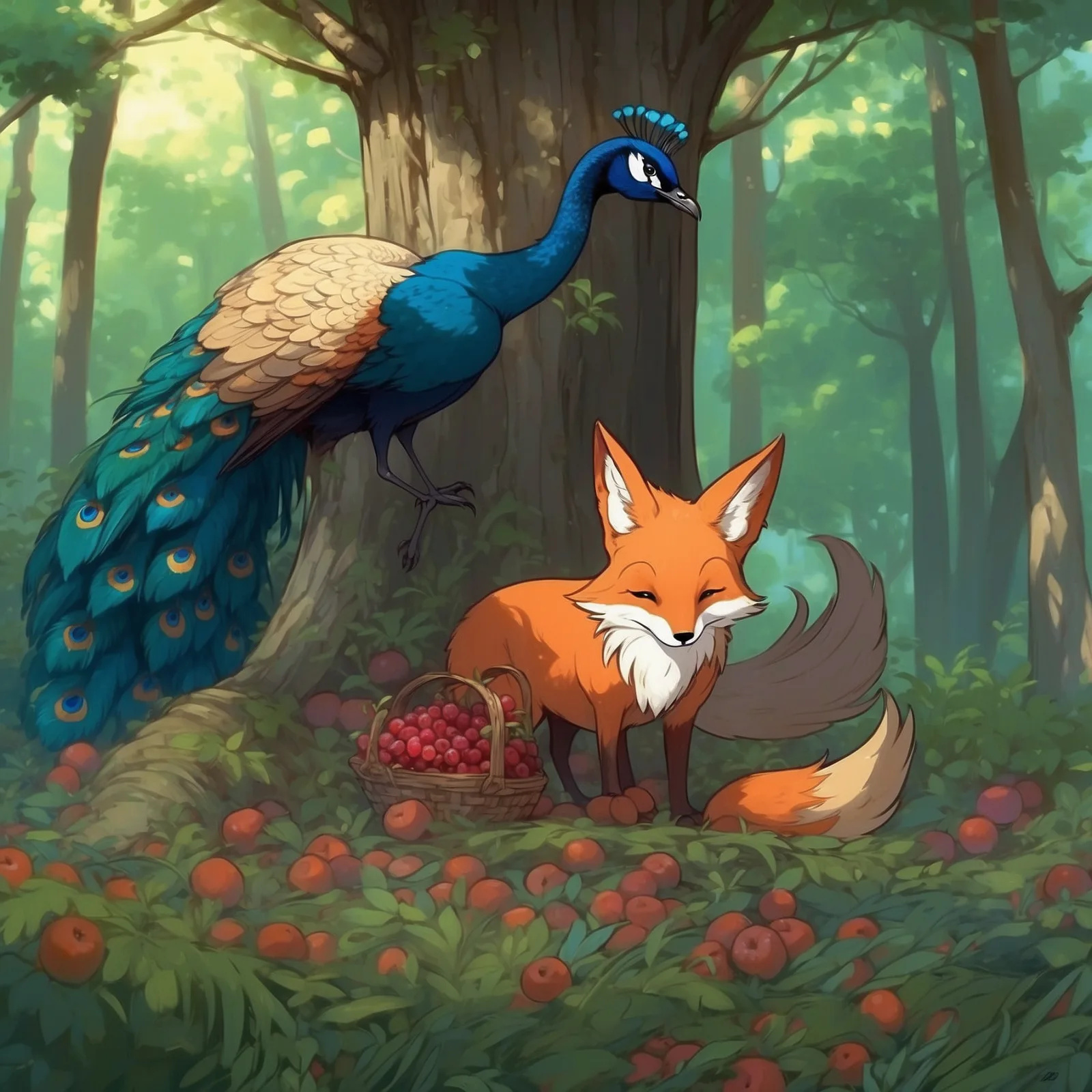 Illustration from the story The Peacock and the Fox