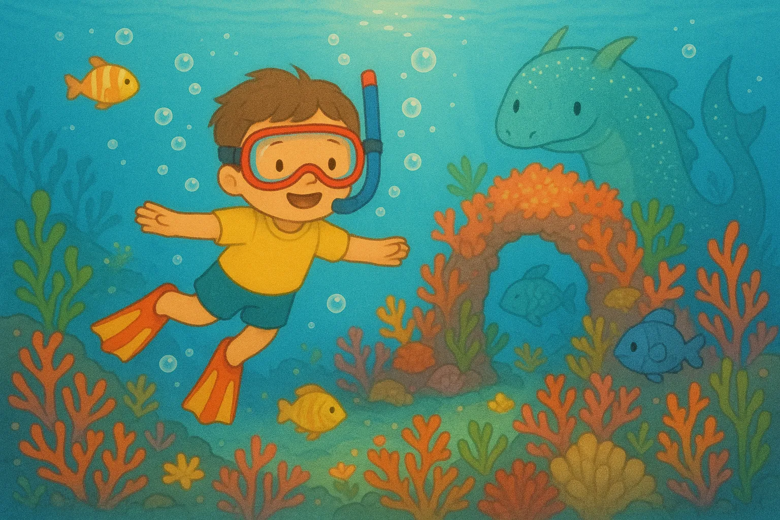 Illustration from the story My Sea Beast and the Bubble Garden Adventure
