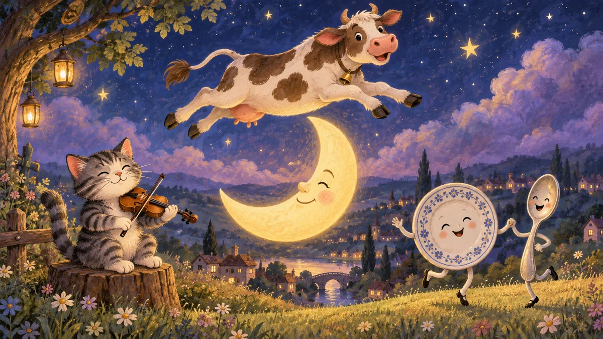A cow jumping over the moon while a cat fiddles and a dish dances with a spoon