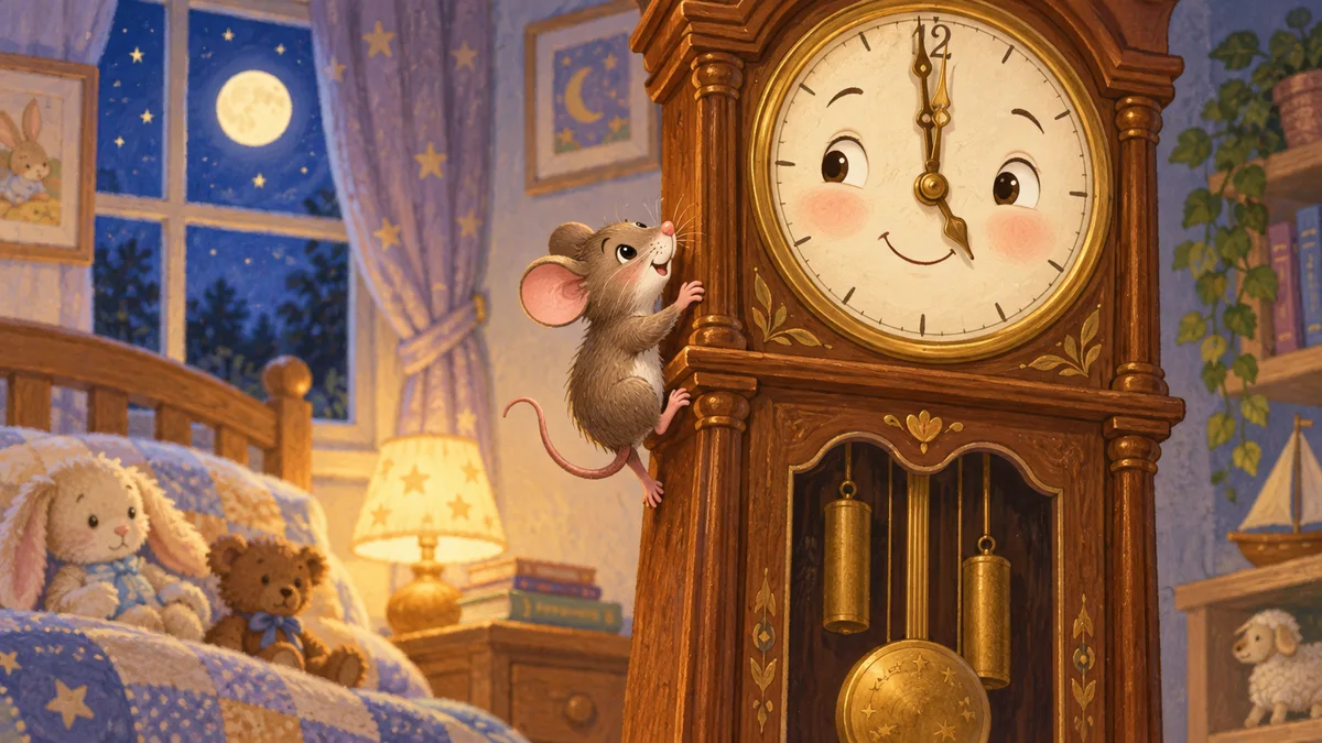 A tiny mouse climbing a friendly grandfather clock in a cosy nursery