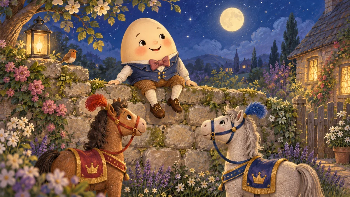 A cheerful Humpty Dumpty sitting on a low garden wall beneath the moon
