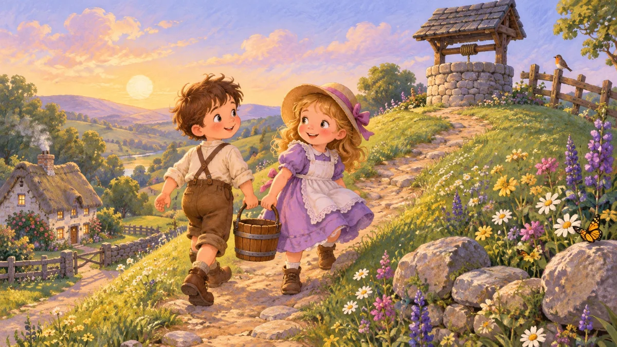Two cheerful children carrying a wooden pail together up a flowered hill
