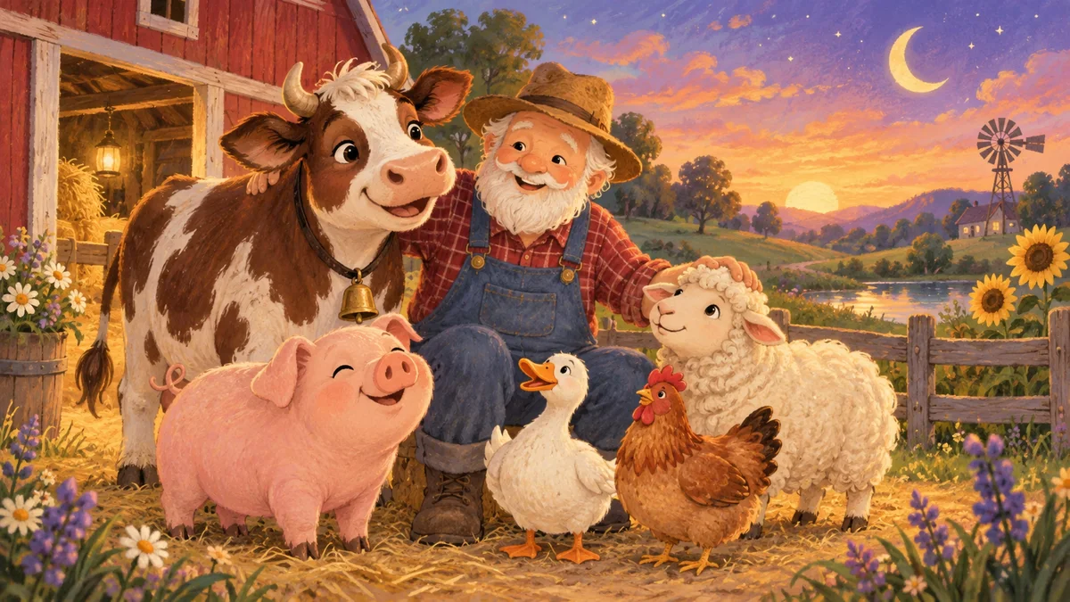 A friendly farmer with a cow, pig, duck, hen and sheep at golden dusk