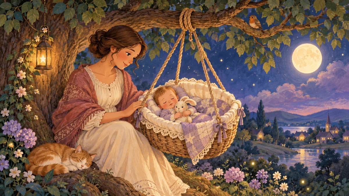 A parent watching a sleeping baby in a securely hanging cradle beneath the moon